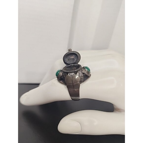 TAXCO 925 Sterling Silver Green Onyx Adjustable Poison Secret Ring jade Vintage - Picture 2 of 10